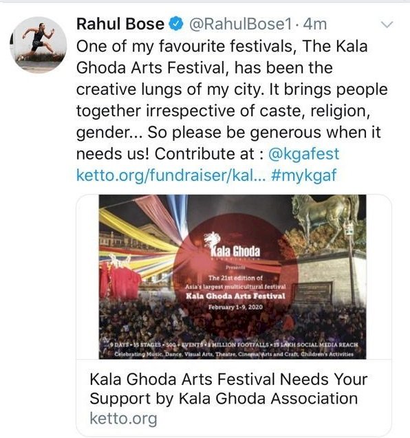 Rahul Bose roots for Kala Ghoda Arts Festival 2020 through his latest tweet